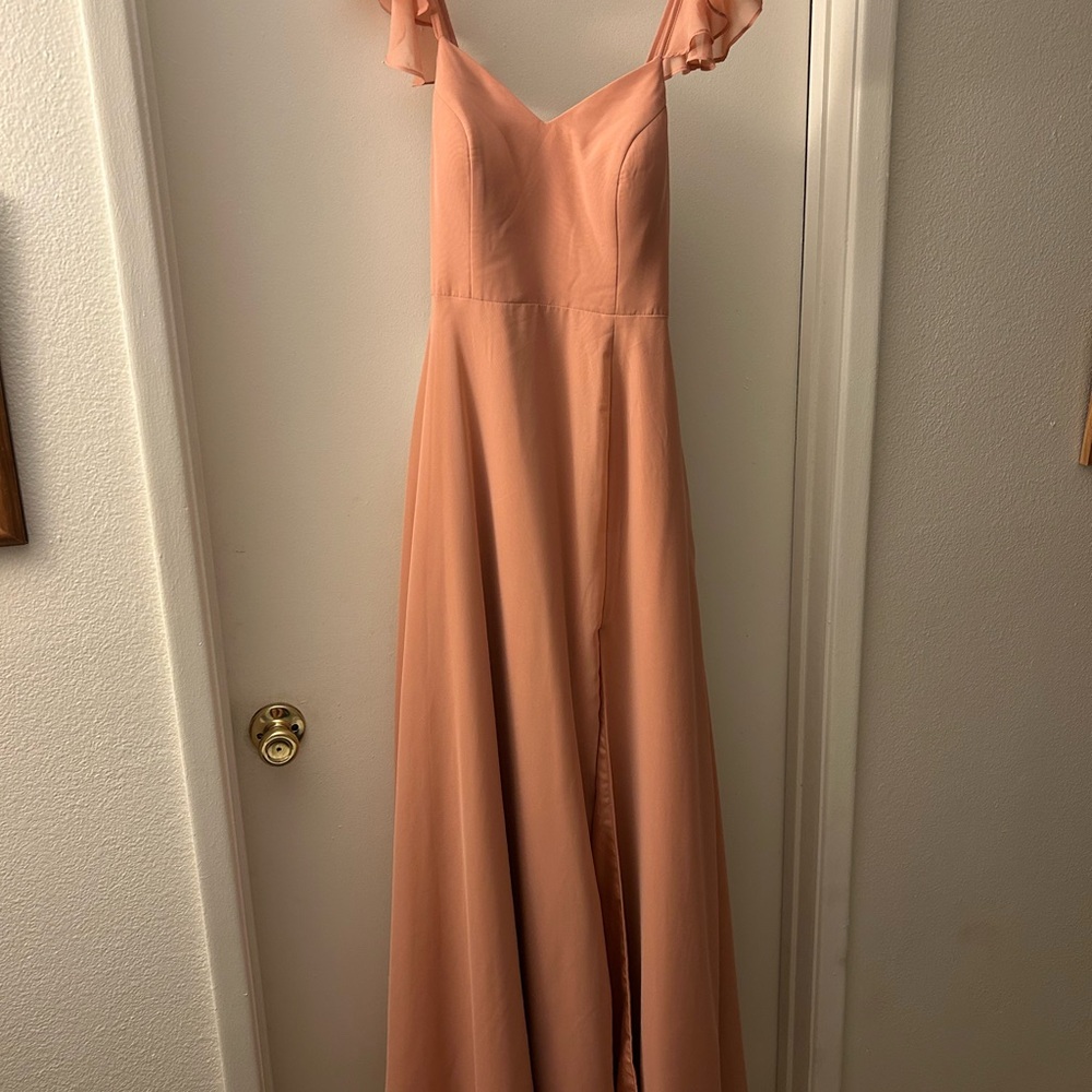 Azazie Everett- Champagne Rose A-Line V-neck Ruched Chiffon Dress